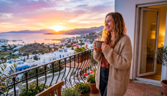 Woman holding a decorated mug on a balcony with a sunset view of a coastal town.