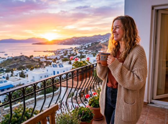 Woman holding a decorated mug on a balcony with a sunset view of a coastal town.
